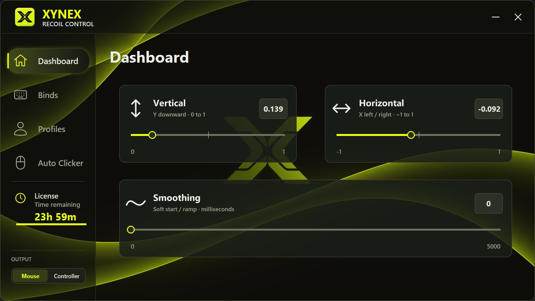 XYNEX Recoil Control dashboard with vertical, horizontal and smoothing sliders